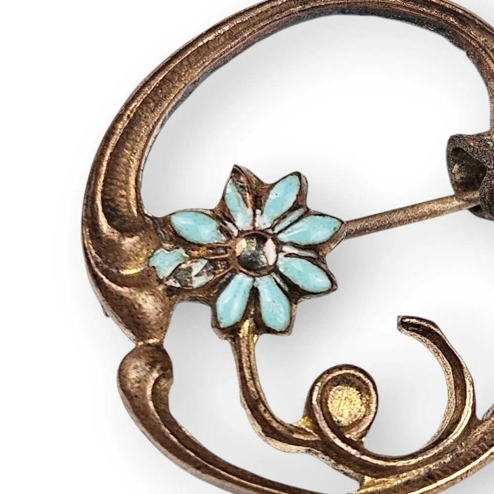 Antique Flower Mini Sash Pin Art Nouveau Blue Enamel Copper Brooch Tiny Vtg 7/8" - Picture 3 of 7